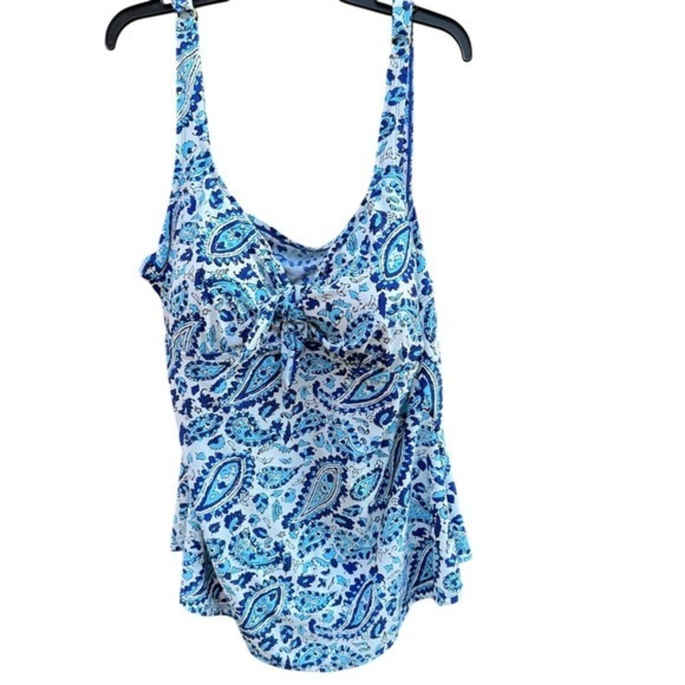 ALISHA LEVINE. NWT.  Blue/ White  Swimsuit. Sz 22W. Ruching in front, flowy hem. - Picture 3 of 10